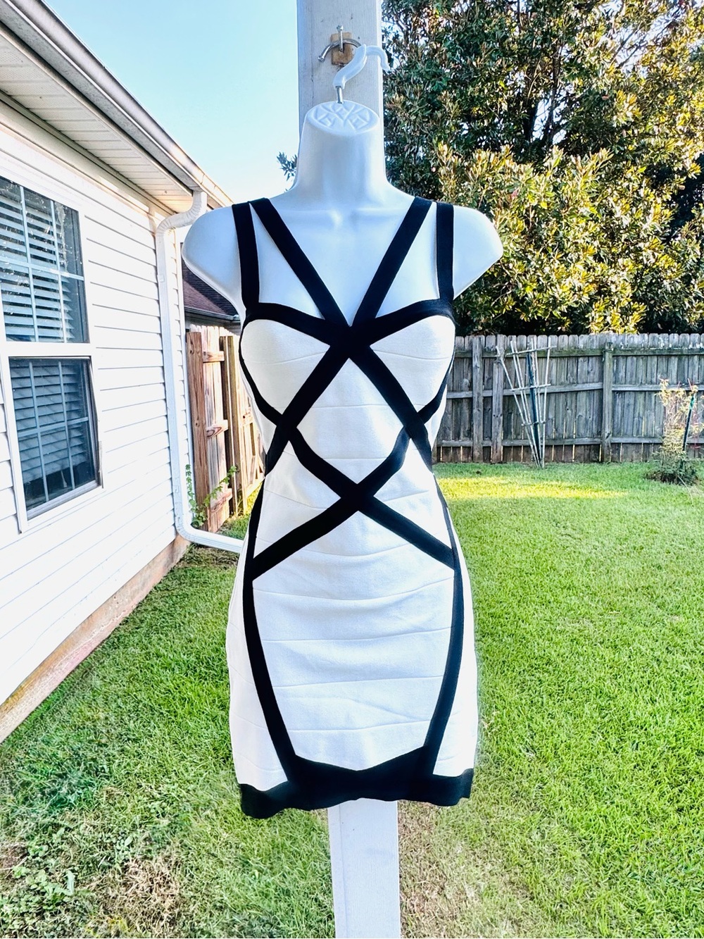 BEBE White and Black Strappy Farah Bandage Dress